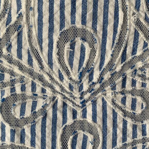 Zara Blue White Striped Blouse Sheer Floral Cutout Details Puff Sleeves Size S - Picture 12 of 16